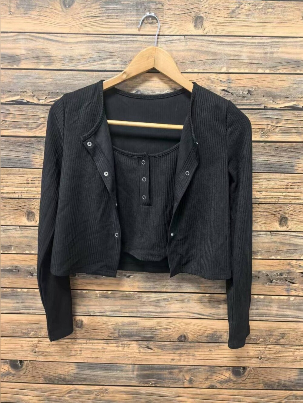 Black Ribbed Button-Front Tank Top and Cardigan Set- Full & Plus Sizes - Picture 5 of 7